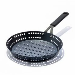 OXO Obsidian Pre-Seasoned Carbon Steel 12-in. Frypan With Holes For Grilling With Removable Silicone Handle Holder