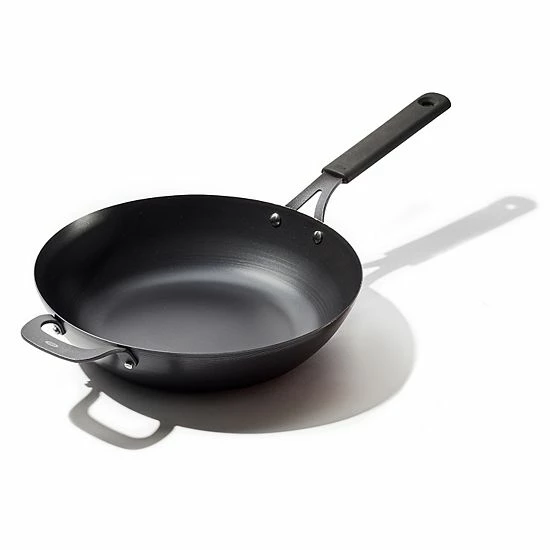 OXO Obsidian Pre-Seasoned Carbon Steel 12-in. Induction Wok Pan With Removable Silicone Handle Holder