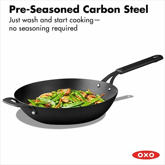 OXO Obsidian Pre-Seasoned Carbon Steel 12-in. Induction Wok Pan With Removable Silicone Handle Holder - Image 2