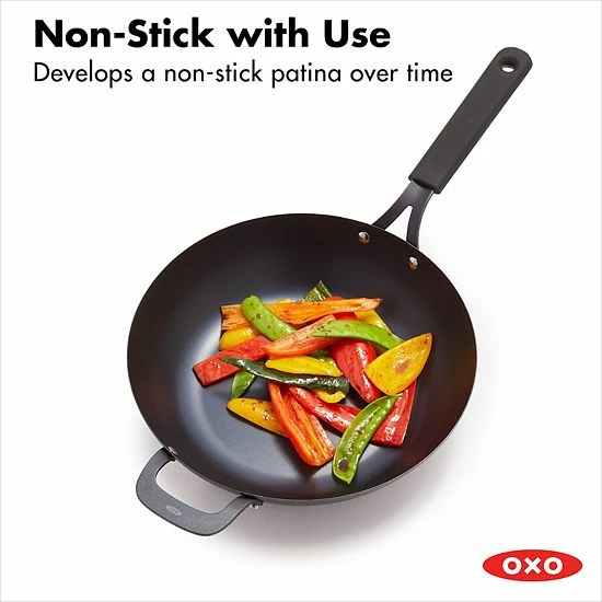 OXO Obsidian Pre-Seasoned Carbon Steel 12-in. Induction Wok Pan With Removable Silicone Handle Holder - Image 4