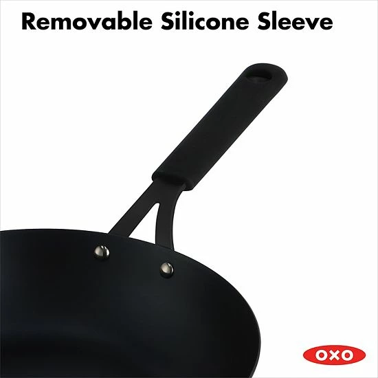 OXO Obsidian Pre-Seasoned Carbon Steel 12-in. Induction Wok Pan With Removable Silicone Handle Holder - Image 5
