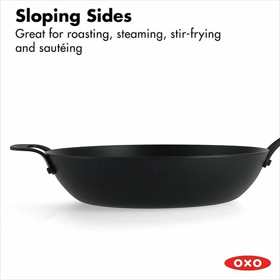 OXO Obsidian Pre-Seasoned Carbon Steel 12-in. Induction Wok Pan With Removable Silicone Handle Holder - Image 6