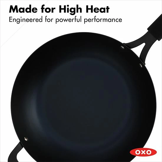 OXO Obsidian Pre-Seasoned Carbon Steel 12-in. Induction Wok Pan With Removable Silicone Handle Holder - Image 7