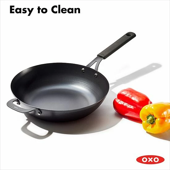 OXO Obsidian Pre-Seasoned Carbon Steel 12-in. Induction Wok Pan With Removable Silicone Handle Holder - Image 8